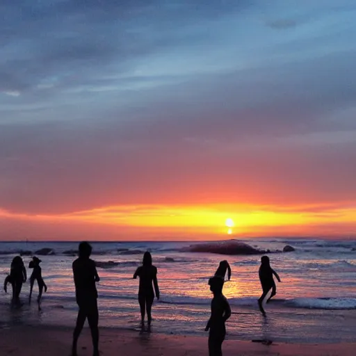 Prompt: sunset on the beach with beautiful people bathing in the hughe waves