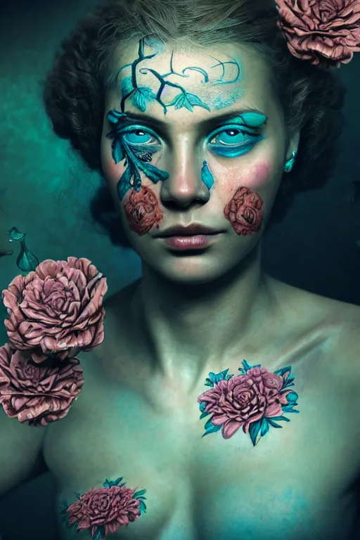 Prompt: neo-surrealist hyper detailed close-up portrait of woman covered in rococo flower tattoos matte painting concept art key sage very dramatic dark teal lighting low angle hd 35mm shallow depth of field 8k