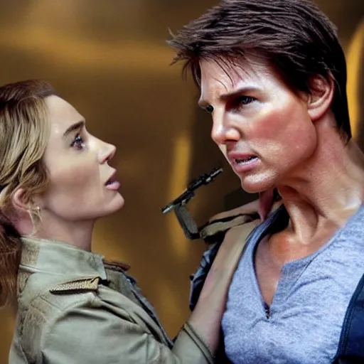 Prompt: emily blunt holding tom cruise's head, edge of tomorrow