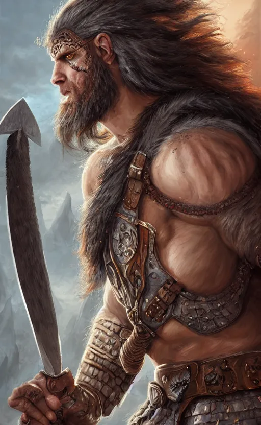 Prompt: a d & d portrait of a grey skinned barbarian, cyclops, giant double edged axe, 8 k, hyperrealistic, dragon slayer, hyperdetailed, fantasy portrait by laura sava