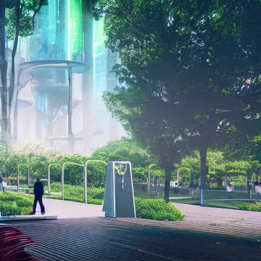 Image similar to modern green area park, cyberpunk, 4k cinema effect,