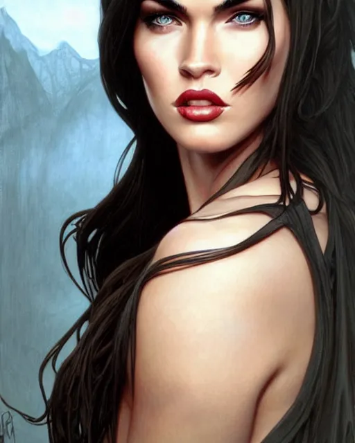 Image similar to portrait of megan fox vampire, dark, piercing eyes, gentle expression, elegant clothing, photorealistic, highly detailed, artstation, smooth, sharp focus, art by michael whelan, artgerm, greg rutkowski and alphonse mucha