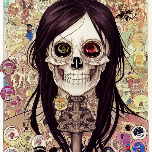 Prompt: anime manga skull portrait girl female skeleton illustration sunset artgerm comic Geof Darrow and Ashley wood and Ilya repin and alphonse mucha pop art nouveau