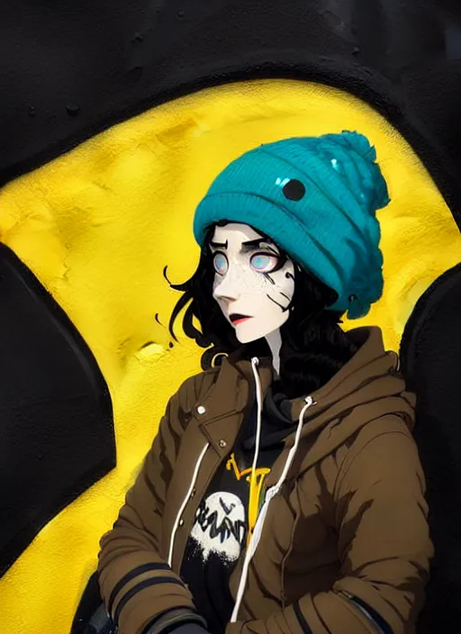 Image similar to highly detailed portrait of a sewerpunk student lady, blue eyes, hoody, beanie hat, black curly hair by atey ghailan, james gilleard, by greg rutkowski, by greg tocchini, by kaethe butcher, gradient yellow, black, brown and cyan color scheme, grunge aesthetic!!! ( ( graffiti tag wall background ) )