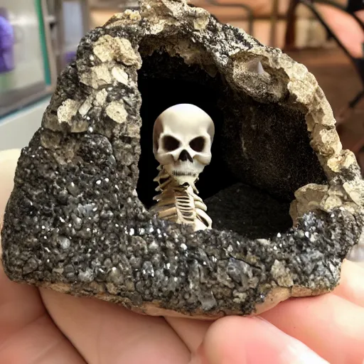 Prompt: mini dinosaur skeleton inside a crystal geode