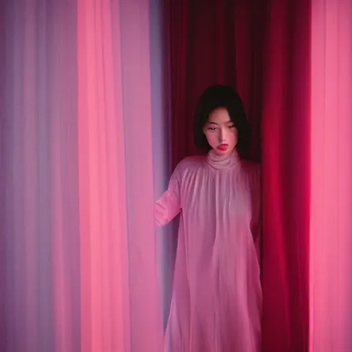 Prompt: photography of asian female models behind white curtains, dramatic light, cinestill, filmstill, bokeh, long exposure, god rays, magic hour, pink light, warm colors
