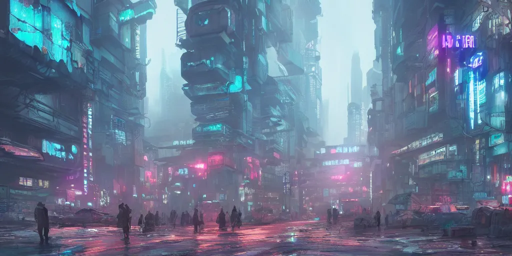 Image similar to matte painting environment design of dystopian cyberpunk city with neon lights, people on the streets being monitored by drones, trending on artstation, painted by dreadjim, eddie mendoza, james paick, zeen chin, 4k, octane render