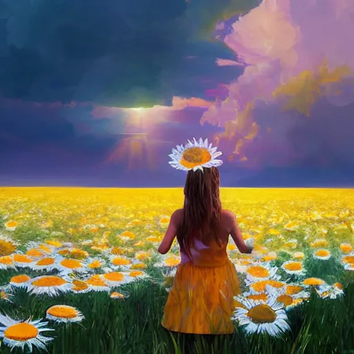 Image similar to head made of giant daisies, smiling girl standing barefoot in a vast flower field, arms outstretched, surreal photography, sunrise dramatic light, impressionist painting, colorful clouds, large sky, digital painting, artstation, simon stalenhag, flower face