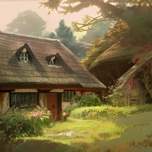 Image similar to concept art painting of an english cottage with japanese influence, in the woods, cozy, realistic, detailed, cel shaded, in the style of makoto shinkai and greg rutkowski and james gurney