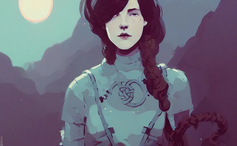 Image similar to portrait of celtic naturepunk woman by atey ghailan, by greg rutkowski, by simon stalenhag, by greg tocchini, by james gilleard, by joe fenton, by kaethe butcher dynamic lighting, gradient light blue, brown, blonde cream and white color scheme, grunge aesthetic