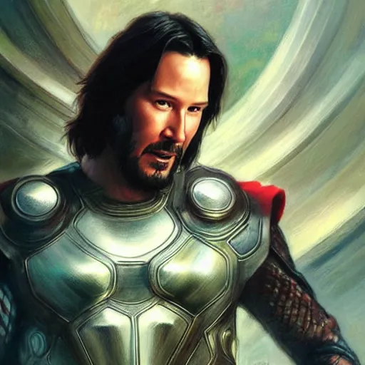 Image similar to Keanu Reeves as Thor in marvel movies by Stanley Artgerm Lau, greg rutkowski, thomas kindkade, alphonse mucha, loish, norman Rockwel