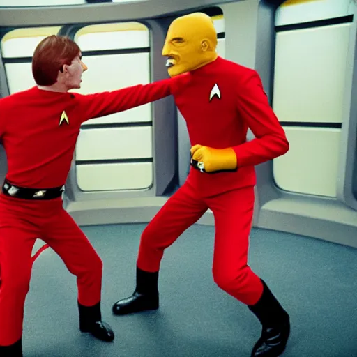 Image similar to star trek banana monsters punching red suit captain duel