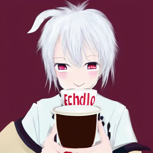 Prompt: white hair, red eyes, two small horn on the head, anime style, anime girl holding a cup of coffee