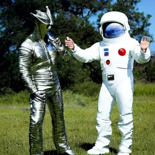 Prompt: a space alien shaking hands with elvis while standing in a grassy field