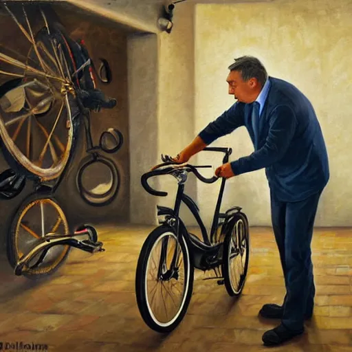 Image similar to viktor orban repairing a bicycle, oil painting