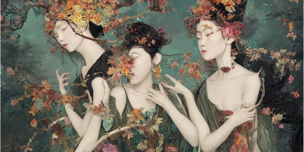 Image similar to breathtaking detailed concept art painting blend of two goddess of autumn by hsiao - ron cheng with anxious piercing eyes, vintage illustration pattern with bizarre compositions blend of flowers and fruits and birds by beto val and john james audubon, exquisite detail, extremely moody lighting, 8 k
