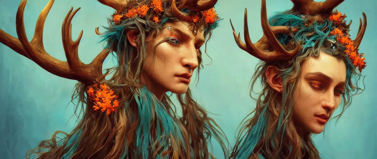 Image similar to beautiful digital painting of shaman with teal skin and antlers made of wood on his head, brown curly hair with orange oak leaves, D&D, fantasy, intricate, beautiful eyes, cinematic lighting, highly detailed, digital painting, Artstation, concept art, smooth, sharp focus, illustration, art by Artgerm and Greg Rutkowski, Alphonse Mucha and Rossdraws