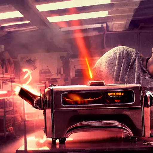 Image similar to cyborg toaster oven repairman, dark messy smoke - filled cluttered workshop, dark, dramatic lighting, orange tint, sparks, plasma rays, cinematic, highly detailed, sci - fi, futuristic, movie still