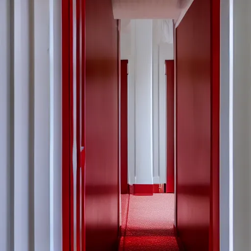 Image similar to an all white hotel hallways with a red door at the end, liminal space,