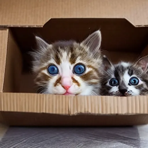 Image similar to a cardboard box, inside full of cute kittens