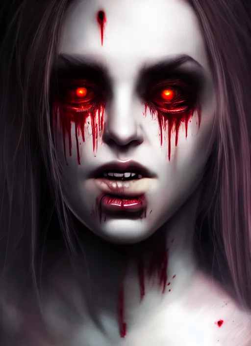 Image similar to beautiful full body portrait vampire queen blood highly detailed CGsociety subtle concept art HDR hyper realistic volumetric lighting subsurface scattering unreal