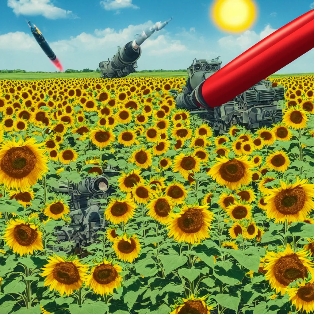 Image similar to A Communist Propaganda Poster of a sunflower field with a large missile in the center of the image.