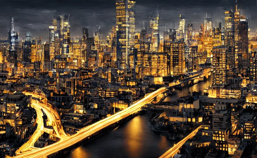 Prompt: portrait of modern cityscape at night, 8 k, intricate, highly detailed, hyper realistic