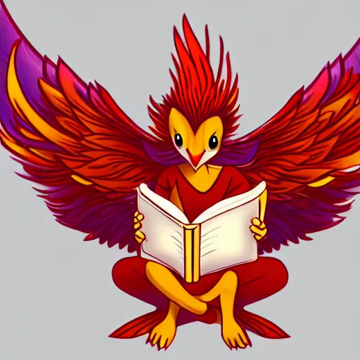 Image similar to A small cute adorable phoenix reading a book at a university digital art raytracing