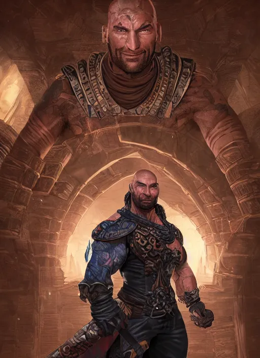 Image similar to A fantasy comic book style portrait painting of Dave Bautista as epic warrior in a stunning fantasy fortress, unreal 5, DAZ, hyperrealistic, octane render, RPG portrait, dynamic lighting