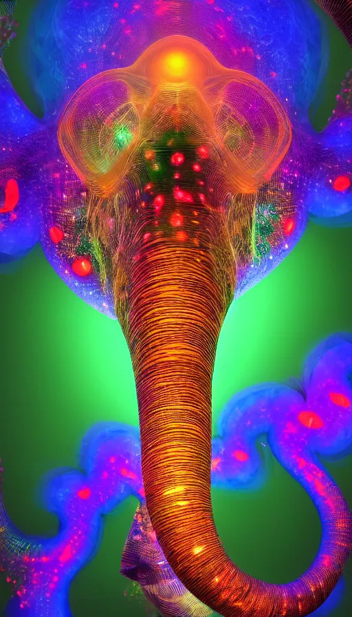 Prompt: 8K UHD Houdini render of ifs fractal elephant, background bioluminescent swirling wisps, red yellow green blue smoke gradient palette, volumetric lighting, 18 mm lens