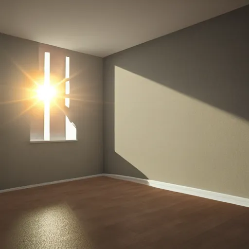 Prompt: sun shines through a window into an empty room, realistic reflection and caustic