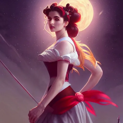 Image similar to Emily Rudd as Sailor Moon, western, D&D, fantasy, intricate, elegant, highly detailed, digital painting, artstation, concept art, matte, sharp focus, illustration, art by Artgerm and Greg Rutkowski and Alphonse Mucha