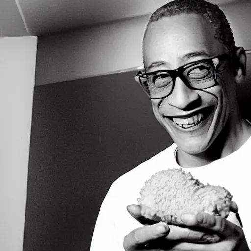 Prompt: gus fring smiling and holding a chicken nugget, security camera night footage, infrared