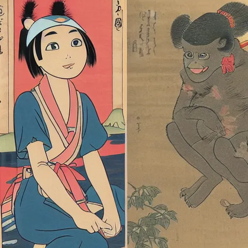 Image similar to real girl dora the explorer and boot the monkey ukiyo-e highly detailed