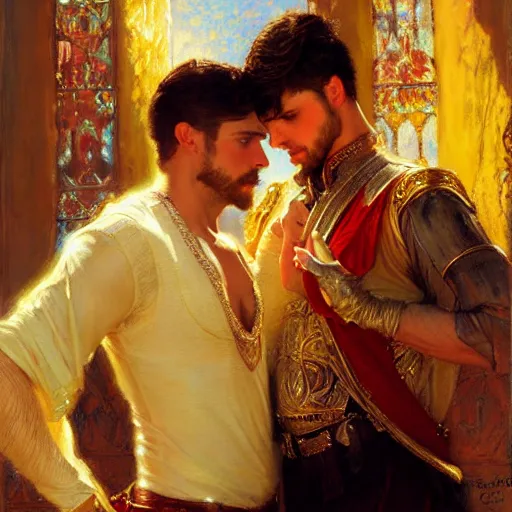 Image similar to attractive fully clothed king confesses his love for his attractive fully clothed male prince. highly detailed painting by gaston bussiere, craig mullins, j. c. leyendecker 8 k