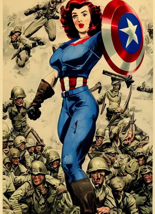 Image similar to beautiful female captain america standing on a pile of defeated german soldiers. feminist captain america wins wwii. american wwii propaganda poster by james gurney. anime. gorgeous face.