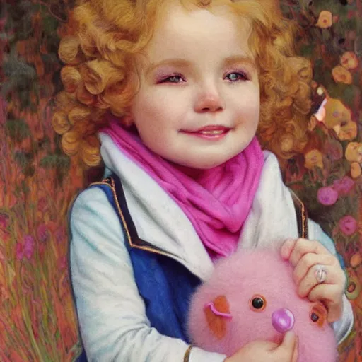 Image similar to a beautiful [[[[[smiling]]]]] little blonde toddler girl with short loosely curly hair, at the park on a beautiful day, holding a round all-pink stuffed penguin, by Artgerm, Mucha Klimt, Hiroshi Yoshida and Craig Mullins, featured on Artstation, CGSociety, Behance HD, Deviantart