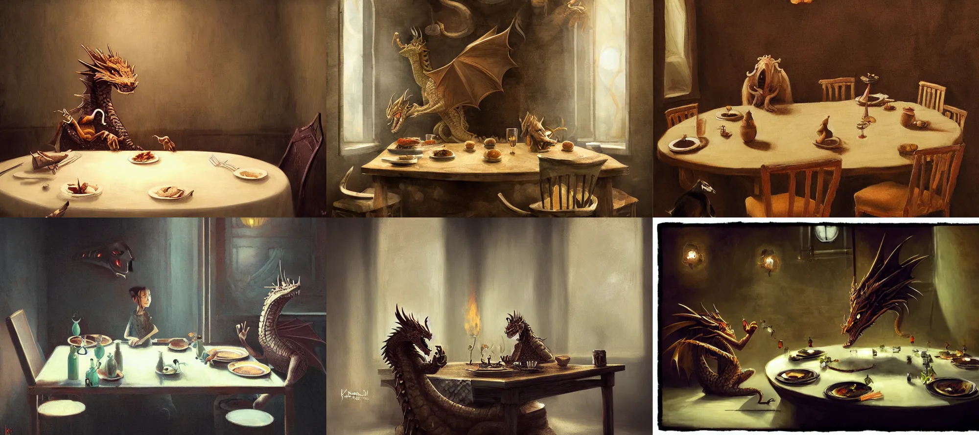 Prompt: a dragon eating dinner at a table in the backrooms happiness is temporary by kan liu