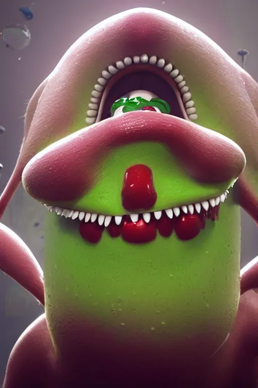 Image similar to hyperrealistic anthropomorphic cartoon 3 d unreal engine red and white polka dot venus fly trap shiny luscious lips slick wet tongue, cinematic lighting 3 5 mm christopher nolan film still