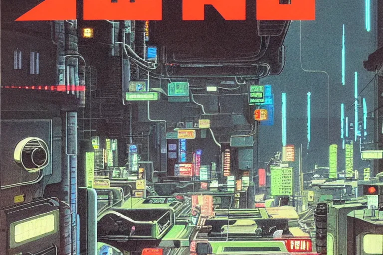 Image similar to 1979 OMNI Magazine Cover of a sewer system outlet neo-Tokyo. Cyberpunk Akira style by Vincent Di Fate