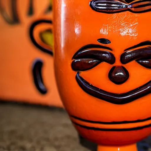 Image similar to a closeup photorealistic photograph of a glossy orange cat garfield style tiki mug sitting at a trader vic's beach bar featuring garfield's face. tiki theme. bright scene. fine detail. this 4 k hd image is trending on artstation, featured on behance, well - rendered, extra crisp, features intricate detail, epic composition and the style of unreal engine.