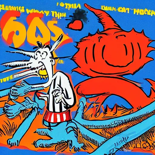 Image similar to The East Coast–West Coast hip hop rivalry, attacks, illustrated by Dr Seuss