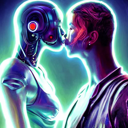 Image similar to ultra realistic medium shot of a couple of cyborgs kissing, lovers, cyberpunk, sci - fi, fantasy, kodak, colour led, soft light, volumetric lighting, night, intricate, highly detailed, digital painting, concept art, smooth, sharp focus, illustration, art by artgerm and greg rutkowski and alphonse mucha