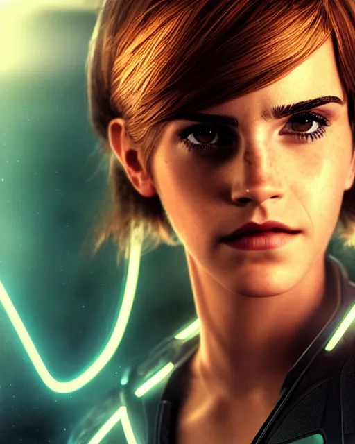 Image similar to portrait shot of emma watson in tron legacy cosplay, epic pose, concept art, by artgerm and luis royo, award winning professional photography, cinematic, octane render