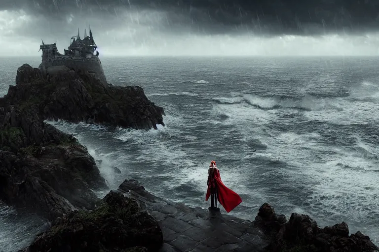 Prompt: frame from a fantasy film with a female knight with white hair wearing red metal knight's armor, standing on a castle wall in the rain holding a sword, looking out at a stormy sea and distant sailing ships. Cinematic, dark, dramatic, scary. 4k