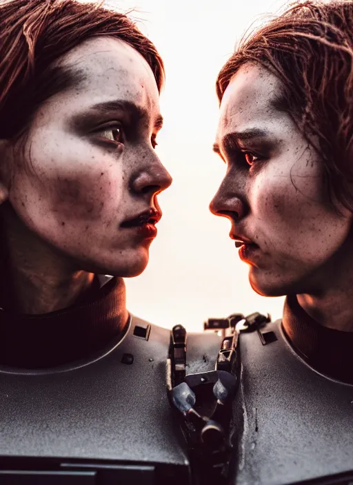 Image similar to cinestill 5 0 d photographic portrait of two loving female androids wearing rugged black techwear on a desolate plain with a red sky in front of a brutalist dark metal facility, extreme closeup, cyberpunk style, dust storm, 8 k, hd, high resolution, 3 5 mm, f / 3 2, ultra realistic faces, ex machina