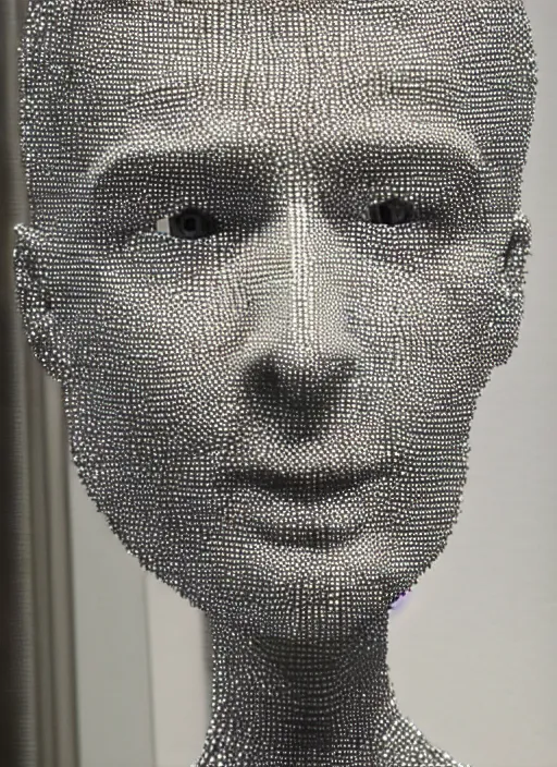 Image similar to a figurative sculpture made of one million tiny reflective spheres