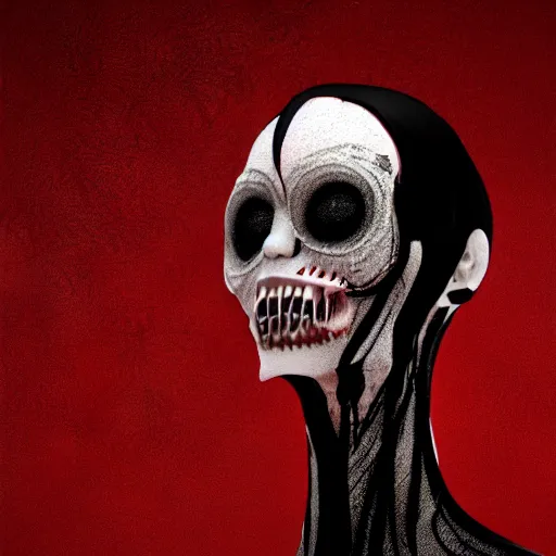 Image similar to octane render of a body horror humanoid, sharp dark shadows, black and red color palette by trevor henderson and junji ito