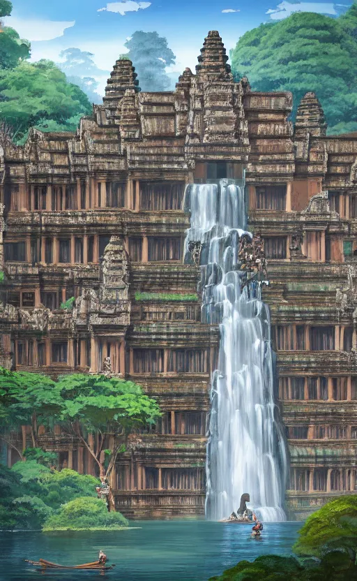 Image similar to art deco angkor wat brownstone temple on a platform that extends over a great waterfall, everglades, by asher brown durand and eddie mendoza and studio ghibli, trending on artstation