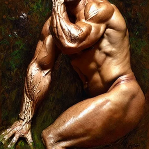 Image similar to god of the forest, 30 years old, playful, male, muscular, detailed face, thighs!!!! gorgeous, amazing, muscular, intricate, highly detailed, painting by Gaston Bussiere, Craig Mullins